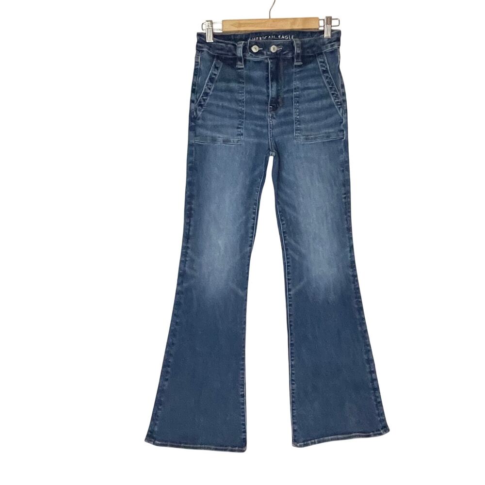 American Eagle Super High Rise Flare Size 4 Next Level Stretch Blue Denim Jeans
